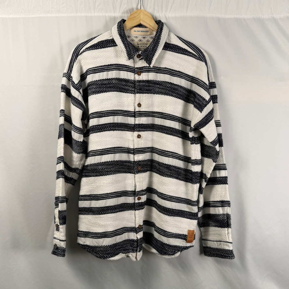 Scotch &‎ Soda Mens M Basketweave Voile Shirt Striped Cotton Linen Long Sleeve - Picture 3 of 10